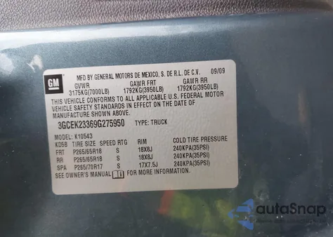 2009 Chevrolet Silverado 1500 Lt z USA, uszkodzony, nr VIN 3GCEK23369G275950